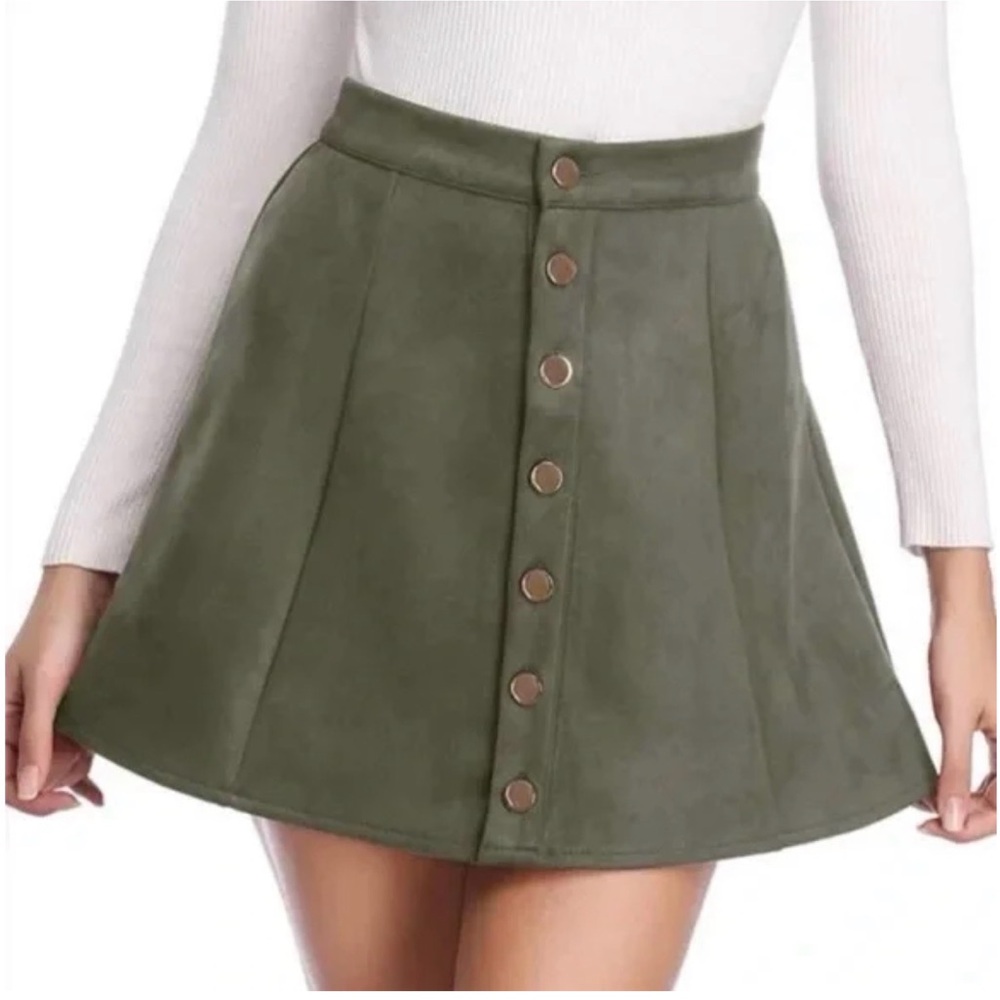 NWT Olive Green Faux Suede Button Front A-Line Mini Skirt XL